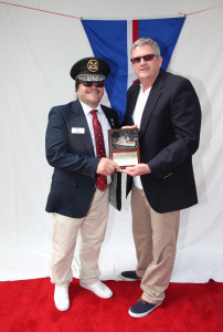 Commodore Melone and President of Marina Del Rey Boat Parade Kelly King presenting "Best Yacht Club of the year" MYC's Back to Back win